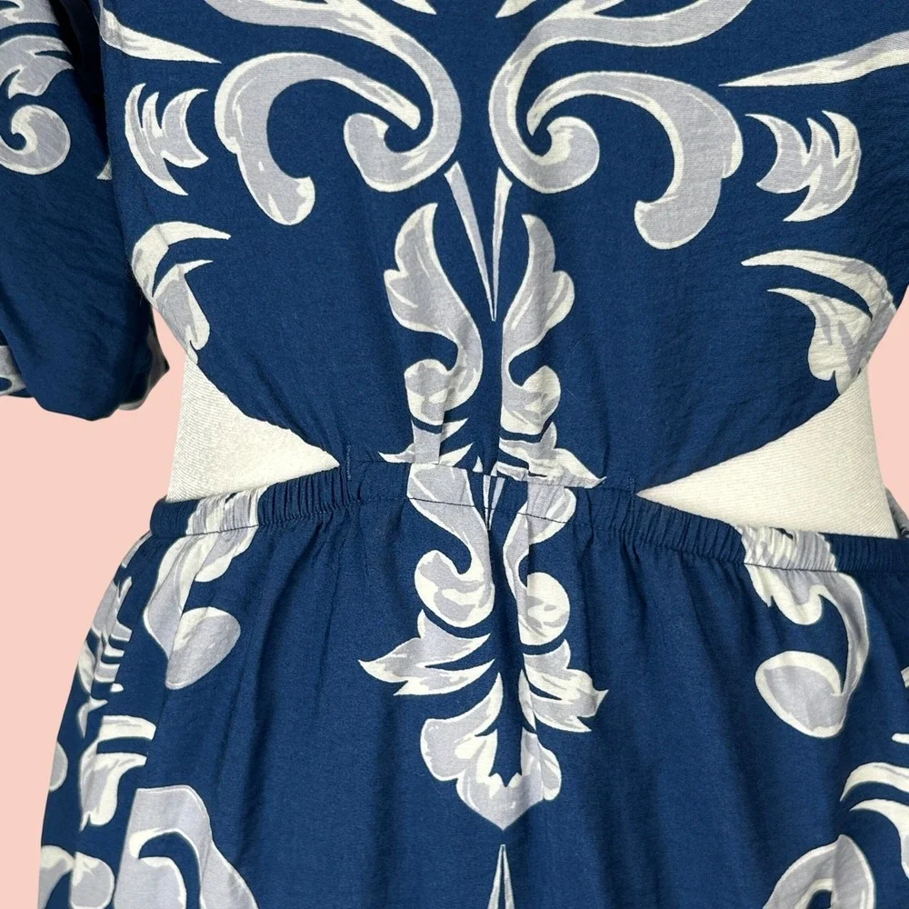 Abercrombie & Fitch Dress XS Blue Waist Cutout Damask Puff Sleeve Maxi Midi Boho